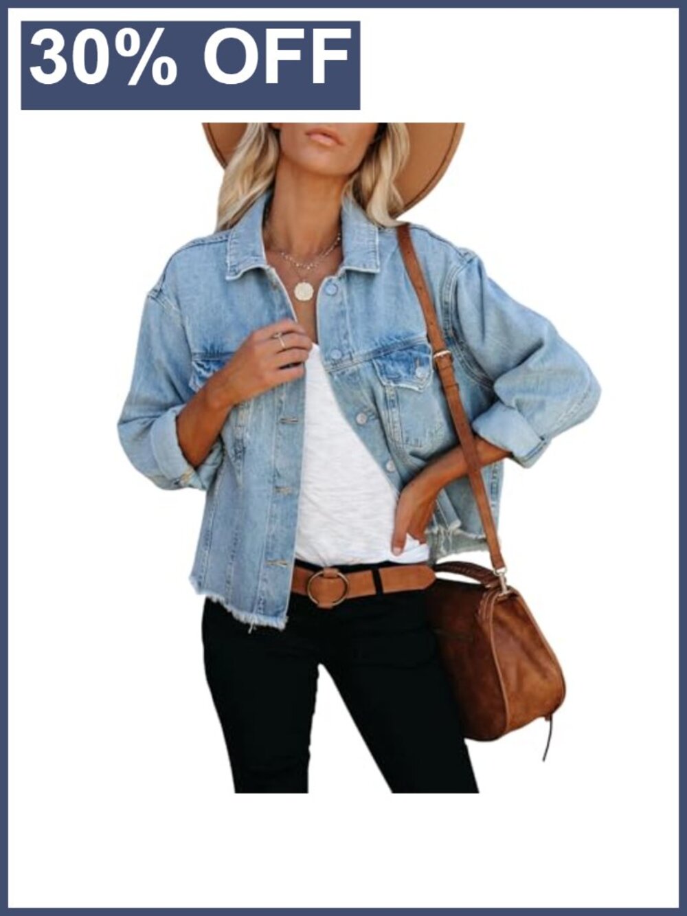 Womens Cropped Denim Jacket Frayed Washed Button Up Jean Jacket
